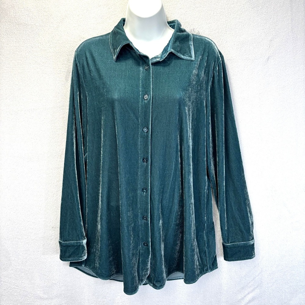 Soft‎ Surroundings Button Up Velvet Tunic Shirt Womens Small Blue Long Sleeve